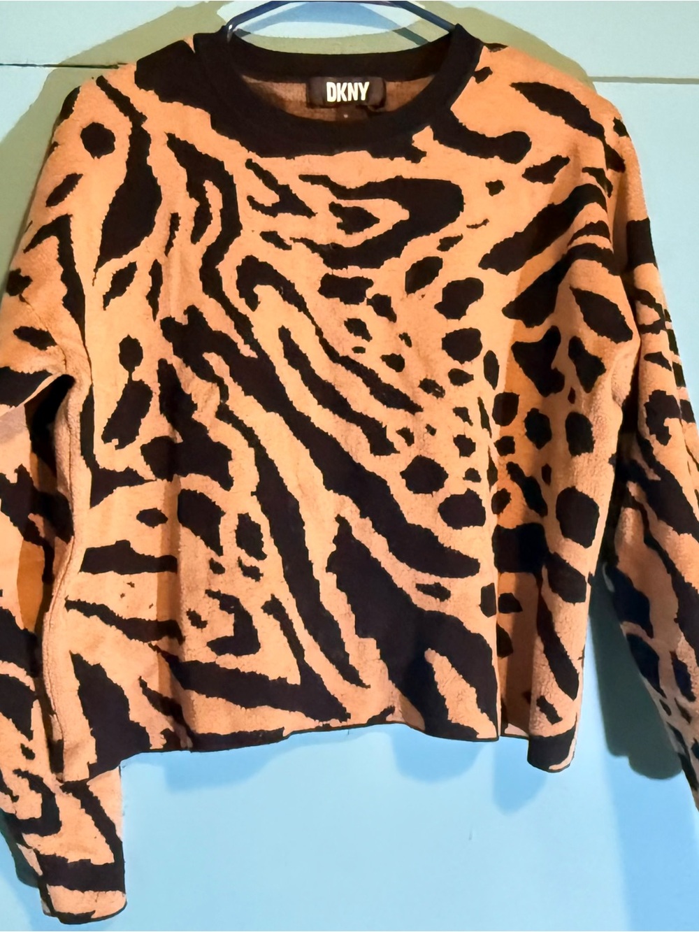 DKNY Black and Tan Animal Print Crewneck Sweater